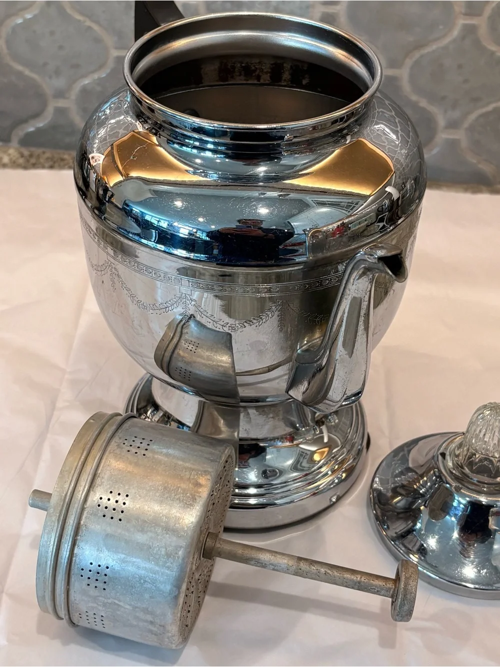 Vintage Farberware Electric Coffee Percolator Chrome Floral Etched Design